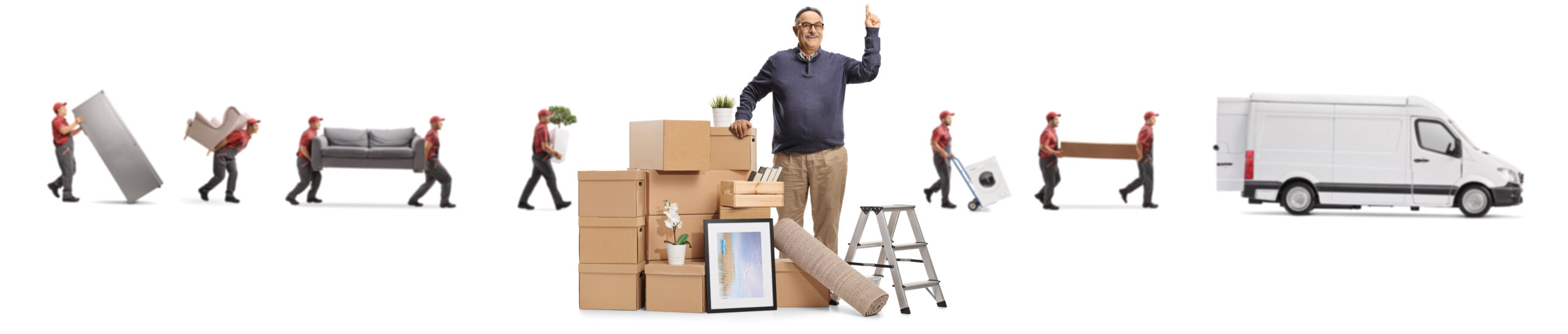 Mature man with a pile of cardboard boxes pointing up and worker